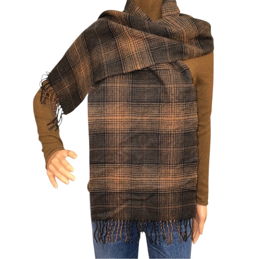 100% Cashmere Made in Scotland Brown Plaid Scarf 63x12” - Picture 4 of 4
